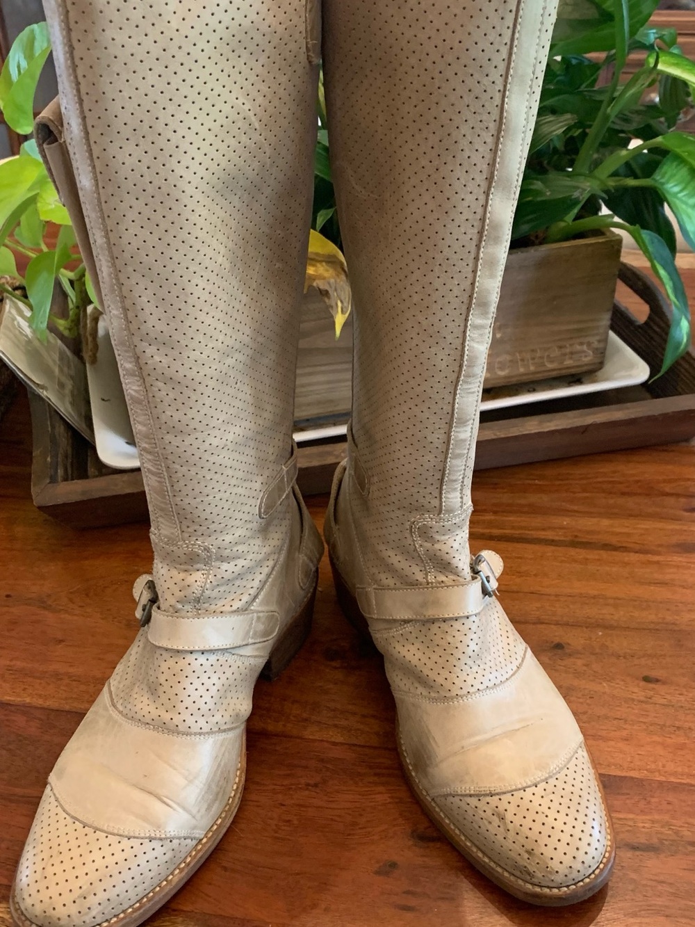Belstaff Perforated Leather Knee-High Boots in Beige
